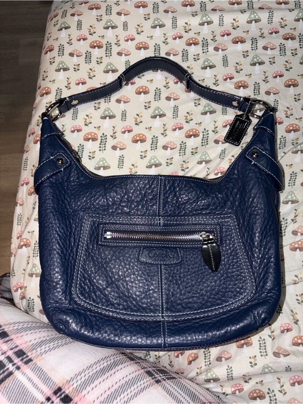 Coach Navy Pebbled Leather Shoulder Bag with Silver Hardware